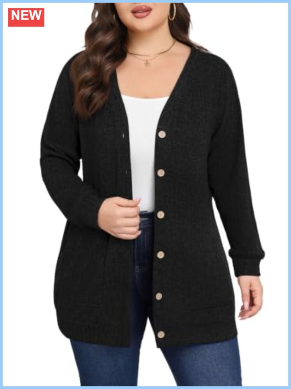 Plus Size Cardigan Sweater with Pockets V-Neck Long Sleeve Lightweight Knit